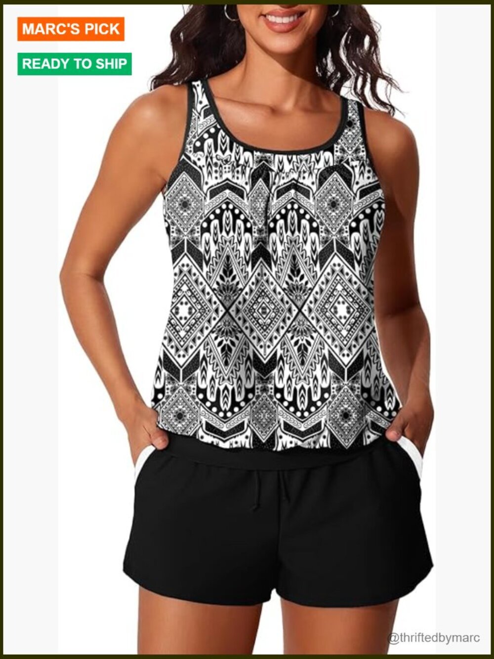 Blouson Tankini 2 Piece Swimsuits Tummy Control Sporty Pockets Women's Bathing